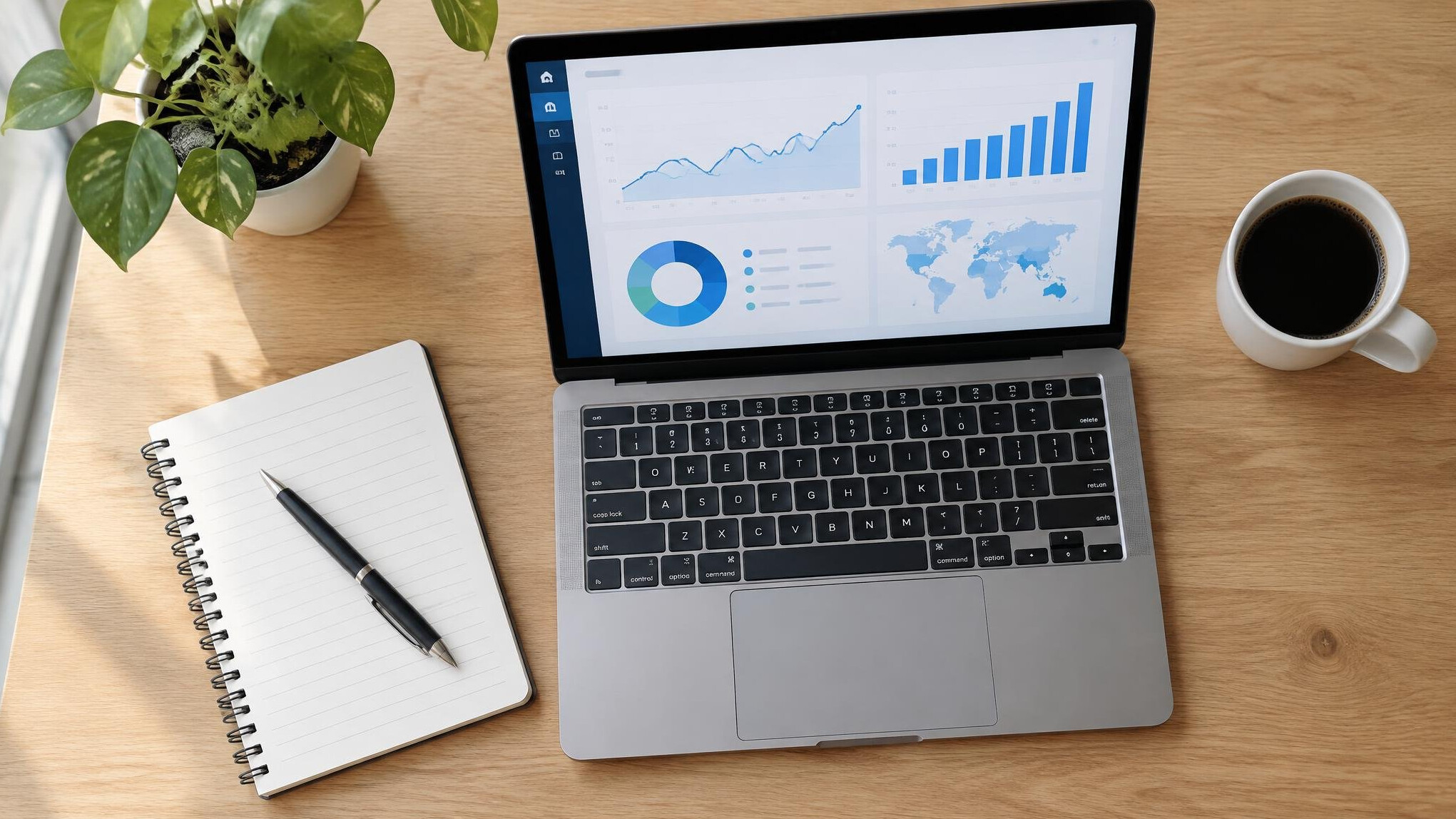 Laptop and notebook with analytics charts on a desk