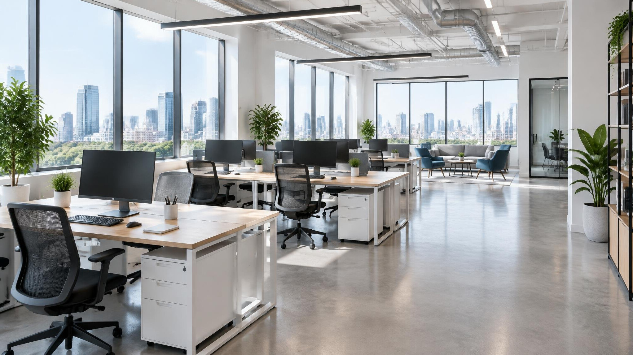 Bright modern office interior with desks