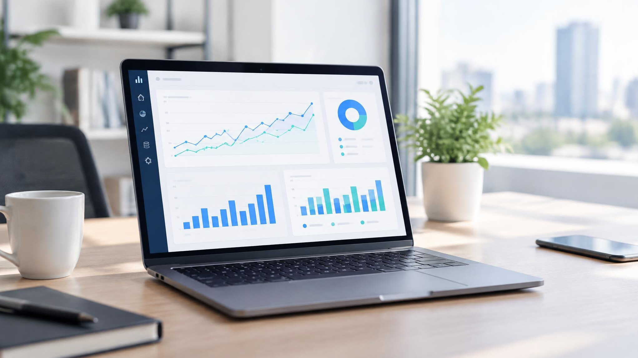 Analytics dashboard with charts on a laptop screen