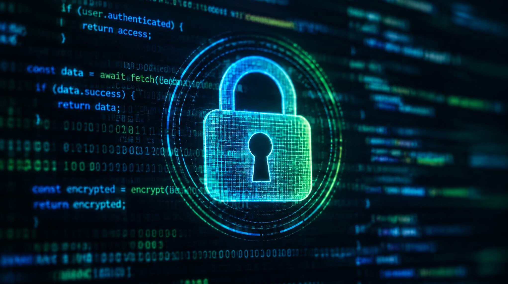 Cybersecurity concept with padlock and code on screen