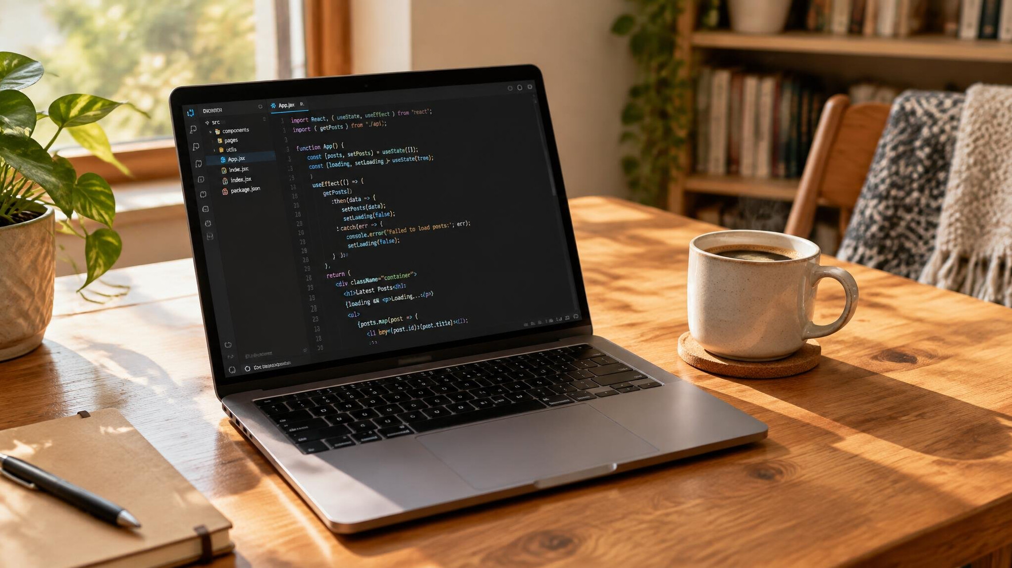 Laptop with code next to a cup of coffee